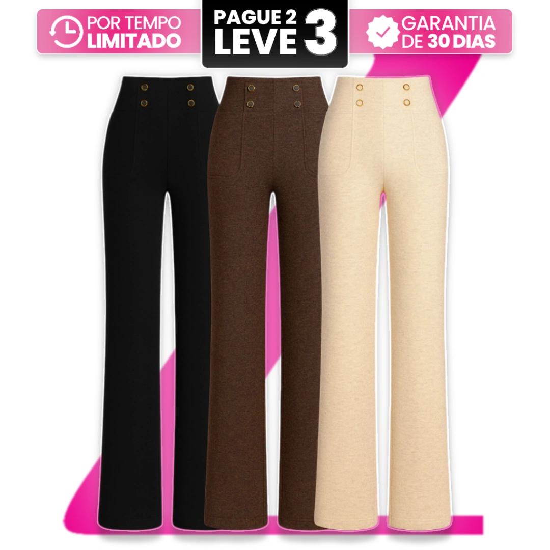 [Leve 3, Pague Só 2] Calça Solena Feminina em Algodão, Poliéster e Viscose de Cintura Alta com Botões Frontais